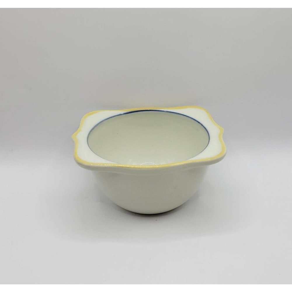 Vtg Hall USA Pottery White Yellow & Blue Trim Rectangular Top Lip Stoneware Bowl